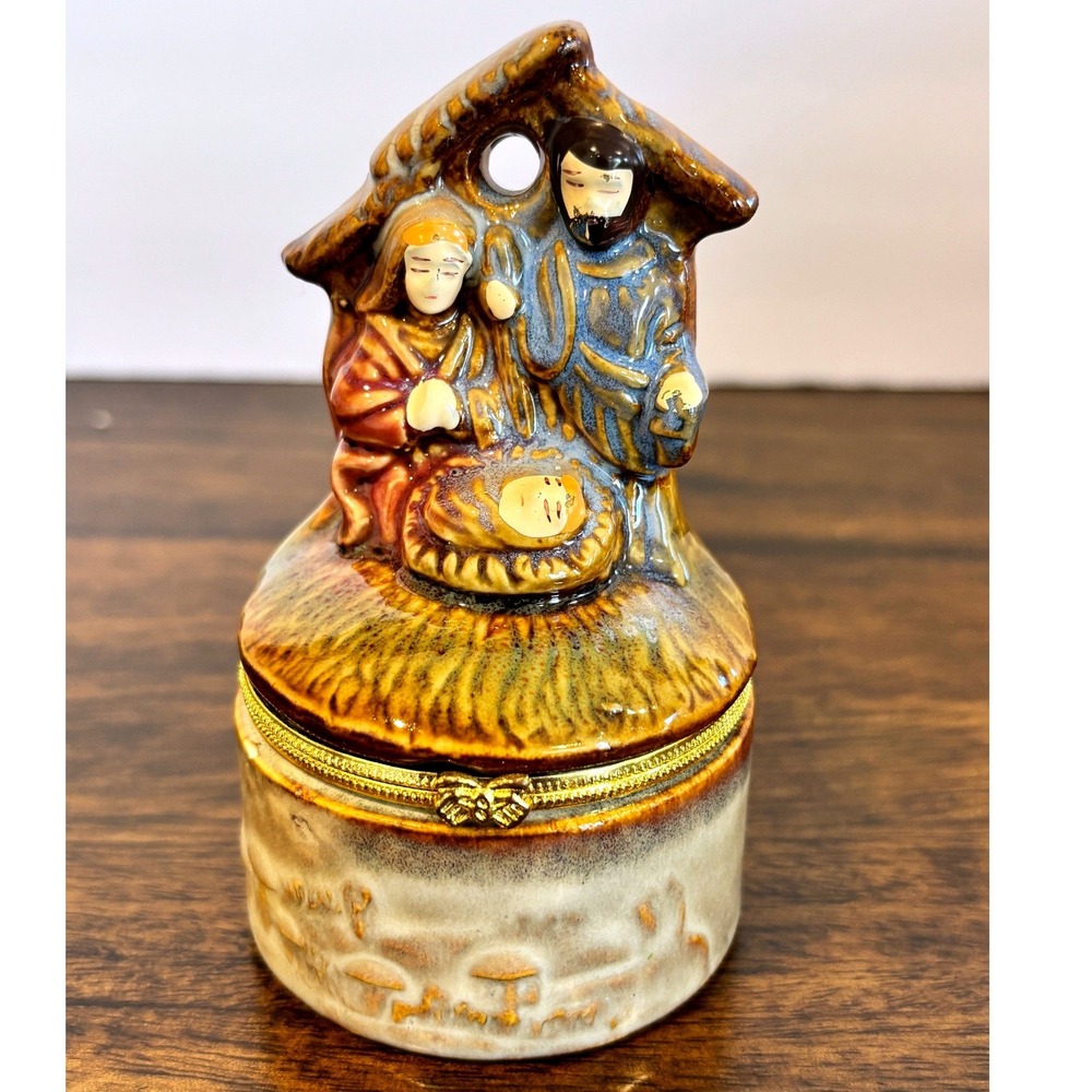 Christmas Nativity Scene Ceramic Hinged Trinket Box Holy Family Christian Decor‎